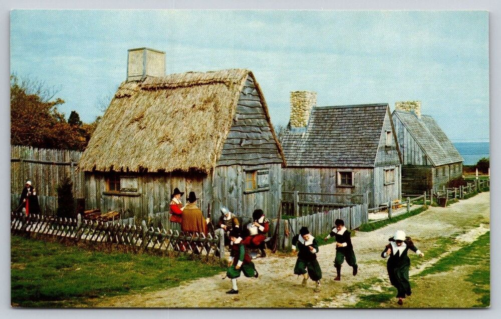 Vtg Plimoth Plantation Postcard Plymouth MA Pilgrim Village Mike Roberts MA1338